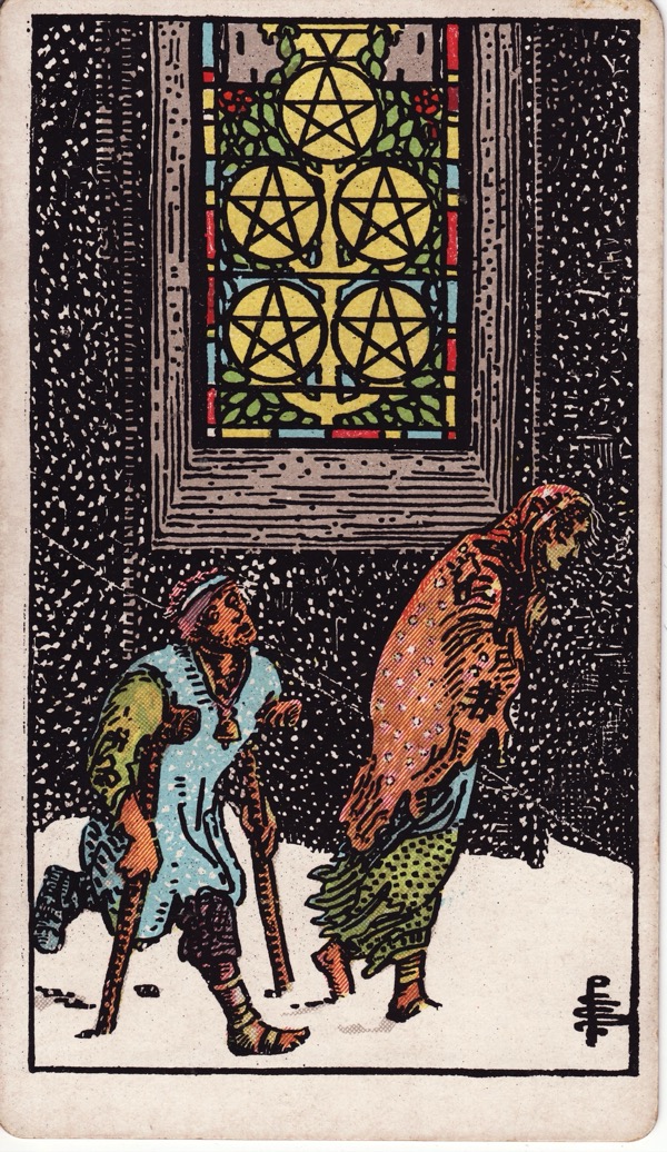 Five of Pentacles from the Rider-Waite-Smith tarot deck