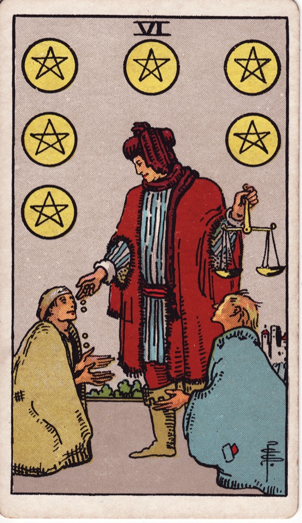 Six of Pentacles from the Rider-Waite-Smith tarot deck