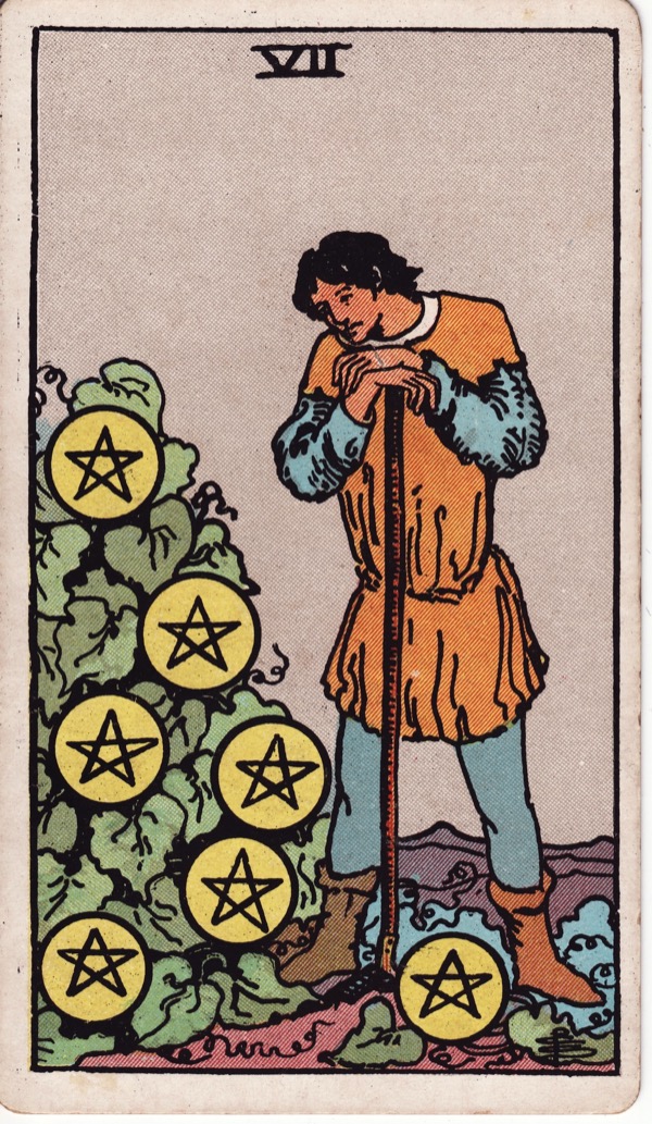 Seven of Pentacles from the Rider-Waite-Smith tarot deck