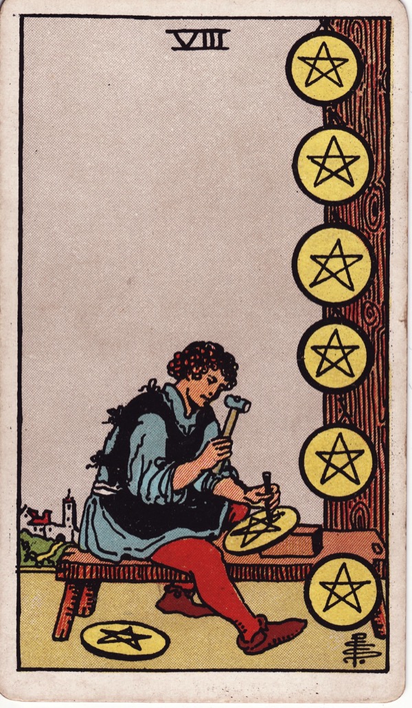 Eight of Pentacles from the Rider-Waite-Smith tarot deck