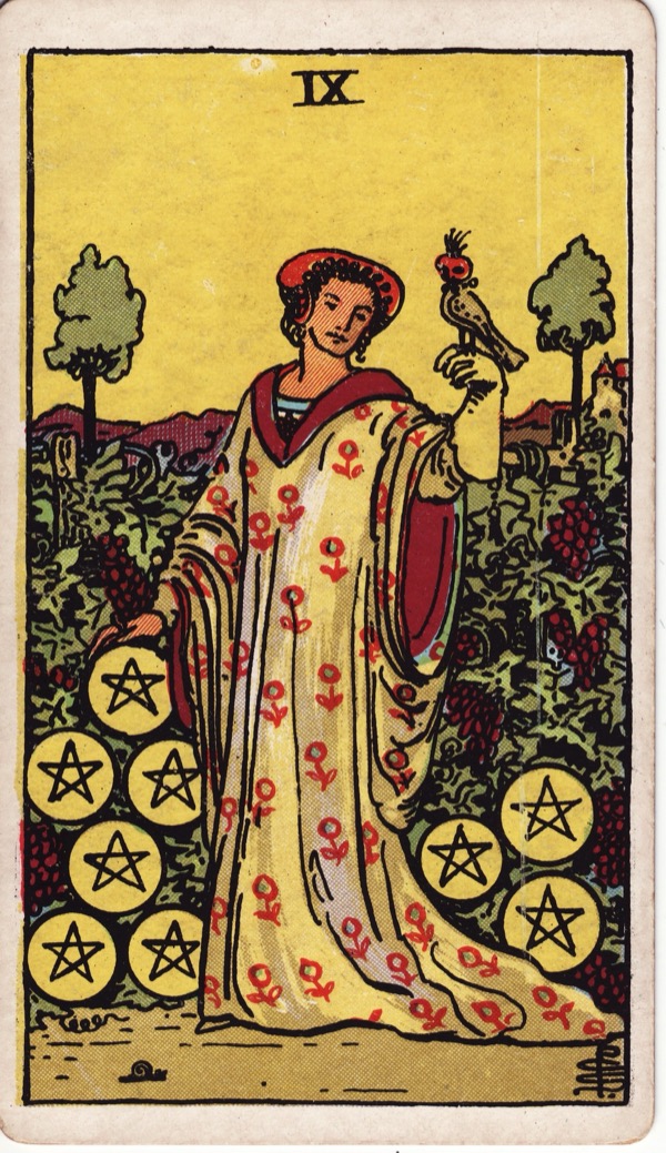Nine of Pentacles from the Rider-Waite-Smith tarot deck
