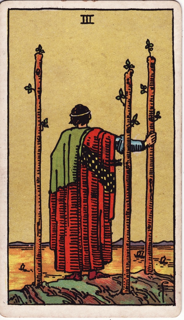 Three of Wands from the Rider-Waite-Smith tarot deck